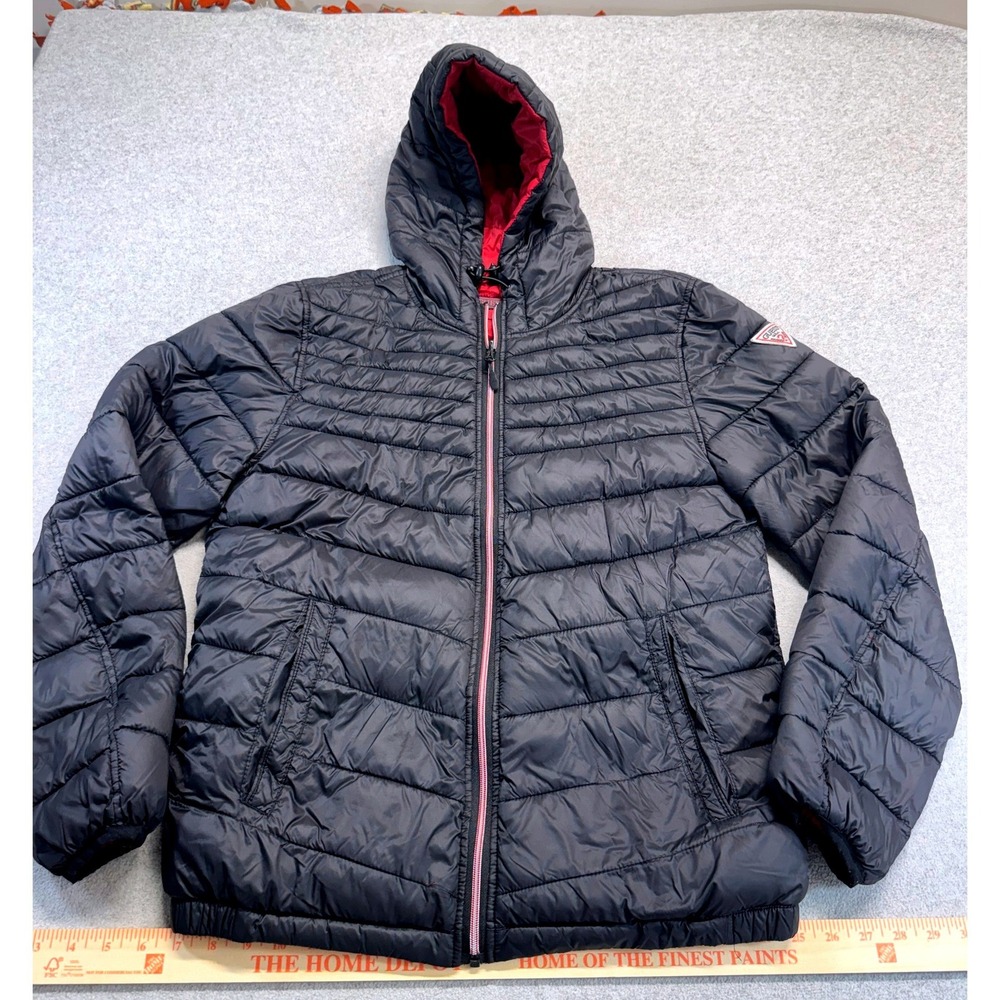 Guess Lightweight Puffer Jacket Hooded Black Red Quilted‎ Coat Women Oversized